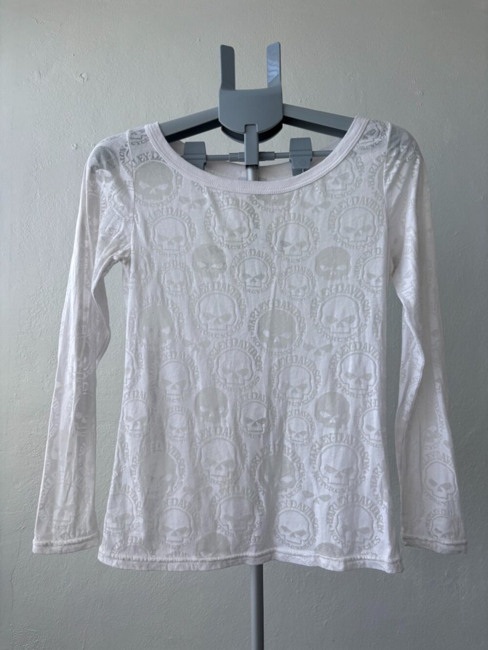 Ladies Vintage 2012 Harley Davidson Willie G Skull All Over Burnout Long Sleeve